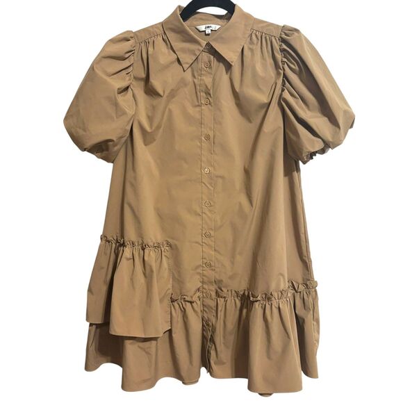 J.ING Mini Shirt Dress Sz Small Khaki Brown Tiered Short Puff Sleeves - Picture 2 of 10